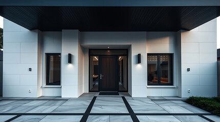 Fototapeta premium Modern Home Entrance with Dark Door and Sidelights