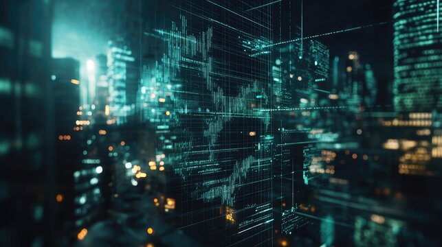 Futuristic cityscape with digital overlay. Ideal for technology presentations website banners and social media posts showcasing innovation and digital transformation.