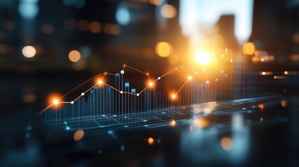 A vibrant upward-trending graph superimposed on a futuristic cityscape backdrop. Ideal for visualizing financial growth or technological advancement.