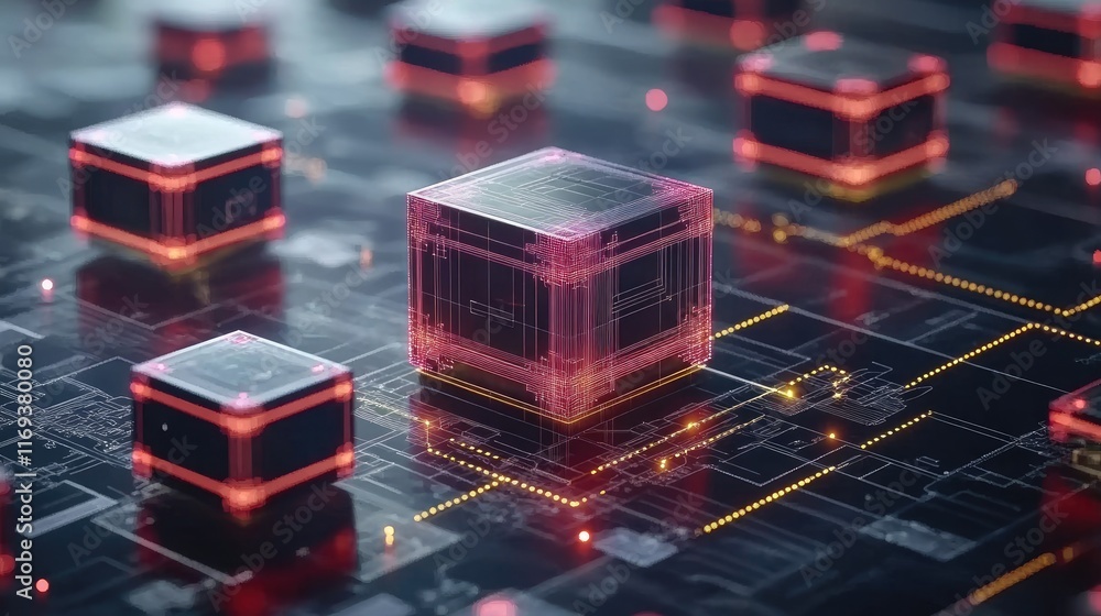 Poster dark cubes with glowing pink edges sit on a circuit board with glowing orange lines. ideal for visua