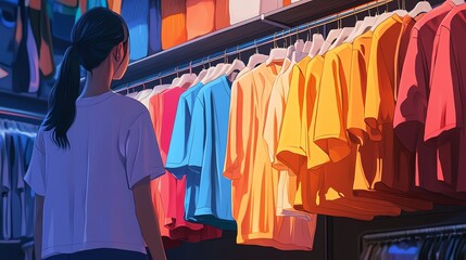 Fototapeta premium A shopper admiring colorful t-shirts in a vibrant store.
