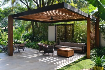 Wooden pergola, patio furniture, lush garden.