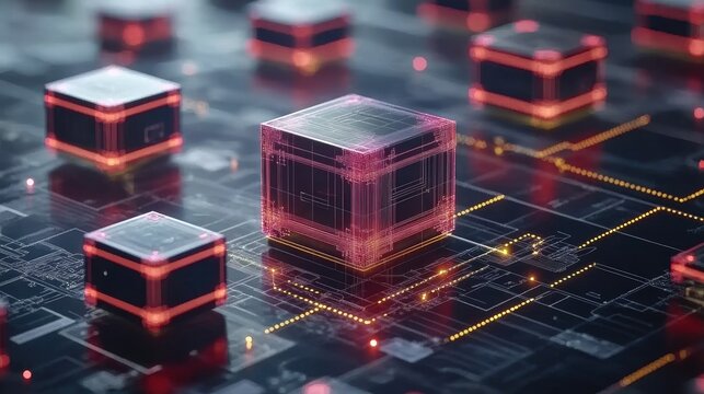 Dark cubes with glowing pink edges sit on a circuit board with glowing orange lines. Ideal for visualizing data storage, blockchain, or futuristic technology.