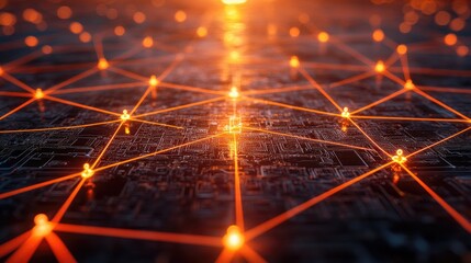 Network of interconnected nodes with orange lines over dark circuit board. Represents digital connection technology or online social network. Ideal for tech or communication visuals.