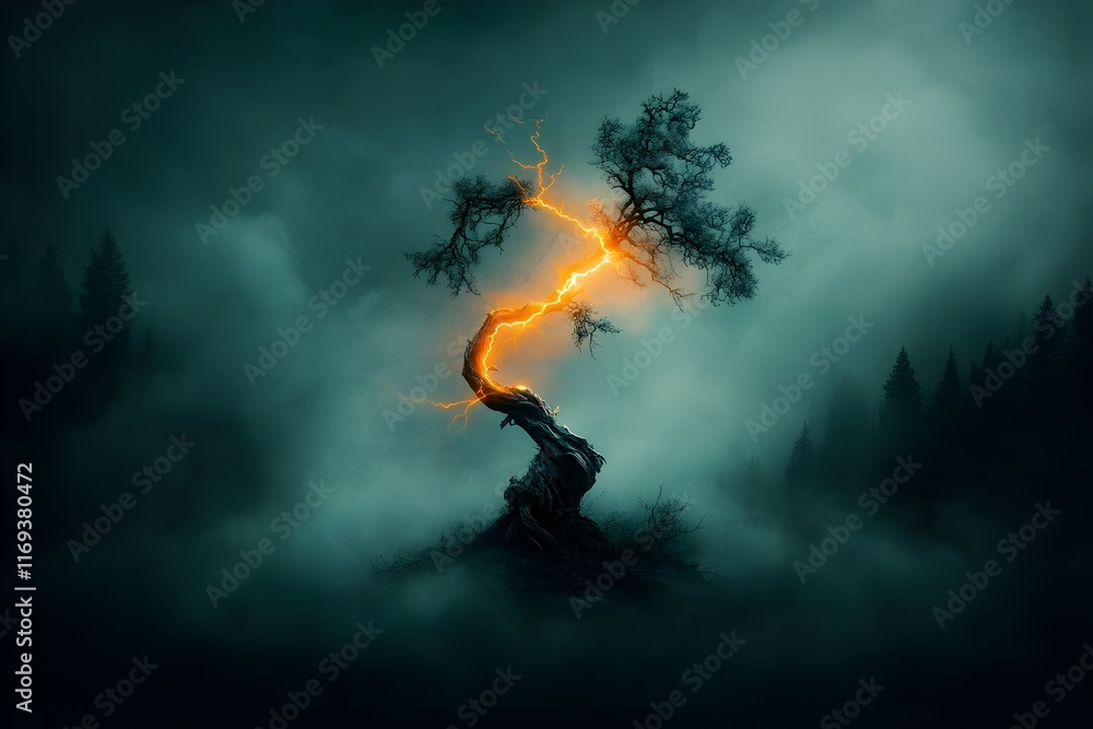 Poster mystical jagged lightning bolt illuminating a twisted weathered tree with ethereal luminous energy r