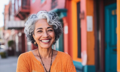 Portrait of a cheerful mature hispanic woman with gray hair smiling and enjoying life in a vibrant urban setting