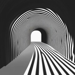 Abstract tunnel with light at the end, black and white stripes.