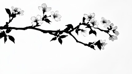 Black and white illustration of a blossoming branch with delicate flowers and leaves.