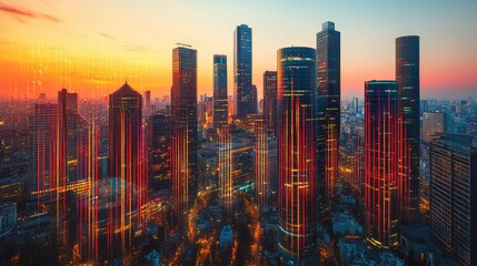 Obraz premium Modern cityscape at sunset with glowing digital lines. Ideal for technology backgrounds website headers or urban development presentations.