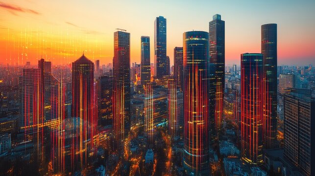Modern cityscape at sunset with glowing digital lines. Ideal for technology backgrounds website headers or urban development presentations. - Powered by Adobe