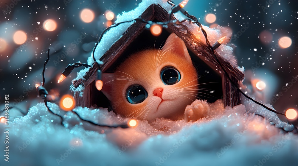 Poster a playful orange kitten sits amidst a sparkling display of holiday lights nestled in a blanket of fr
