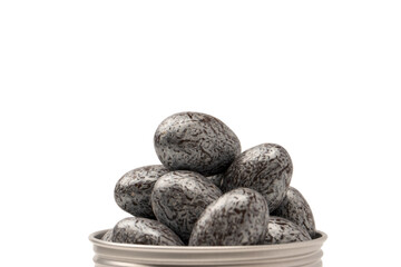 Chocolate silver eggs isolated on a white background.