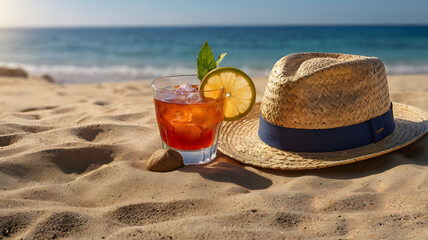Cocktail on Beach, Refreshing Tropical Cocktail on Sandy Beach under clear summer sky, Straw hat with Exotic Cocktail, Strawhat and Cocktail on Beach Background