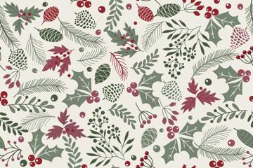 Merry Christmas, Happy New Year seamless pattern with fir cone, holly leaves and berries for greeting cards, wrapping papers. Seamless winter pattern. Vector illustration.