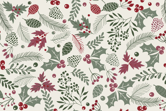 Merry Christmas, Happy New Year seamless pattern with fir cone, holly leaves and berries for greeting cards, wrapping papers. Seamless winter pattern. Vector illustration.