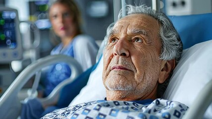 An elderly man lies in a medical bed wearing a hospital gown. He appears serious while a healthcare professional provides attentive care nearby, creating a supportive environment for his treatment.
