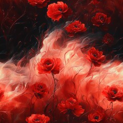 Seamless decorative red roses with smoky shapes pattern