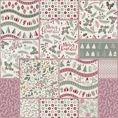 Seamless abstract colorful patchwork pattern  in Christmas style. Shabby chic. Vintage hand made quilt. Merry Christmas, Happy New Year greeting card, wrapping paper. Vector illustration