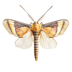 Watercolor, realistic painting of an elaborate moth with long wings and brown and yellow stripes on the body isolated on transparent background