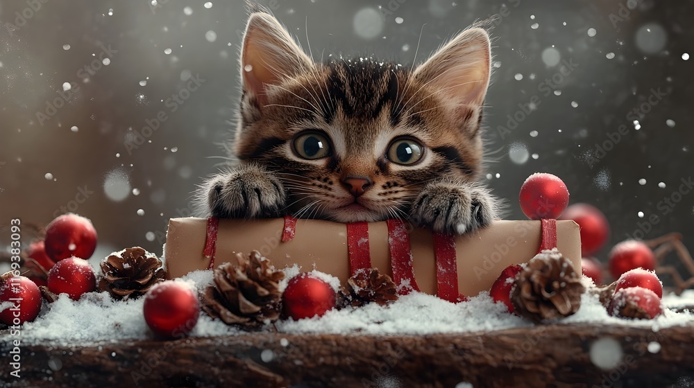 Poster mischievous tabby kitten mesmerized by a stack of holiday themed gifts in a snow covered rustic sett