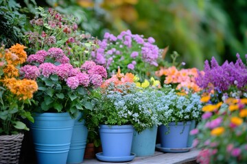 Colorful flowers in blue pots, outdoor setting.