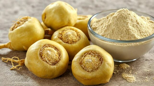 Health benefits of maca root and its powder displayed on a neutral surface for nutritional awareness
