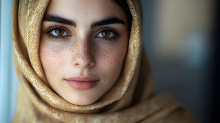 Fototapeta premium Young woman with freckles wearing a golden scarf poses in soft natural light