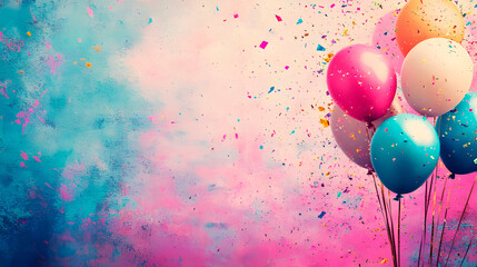 Watercolor background with pink, blue and yellow balloons
