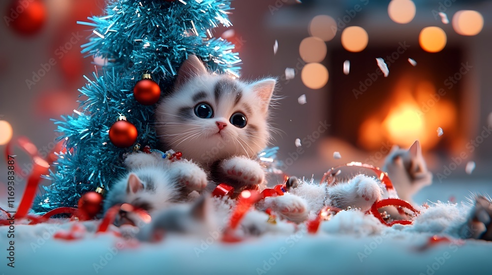 Poster a litter of curious and playful cats entangled in shiny tinsel and ribbon exploring the whimsical ch
