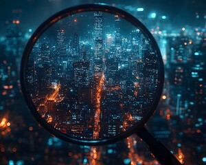 Magnifying Glass Over Illuminated Cityscape Revealing Market Data and Analytics
