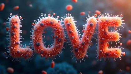 "LOVE" letters made of microorganisms such as bacteria,viruses,fungi,etc.,with diverse microbial forms.