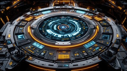 A circular futuristic control panel with glowing orange and blue lights. Ideal for sci-fi game UIs or spaceship interiors.