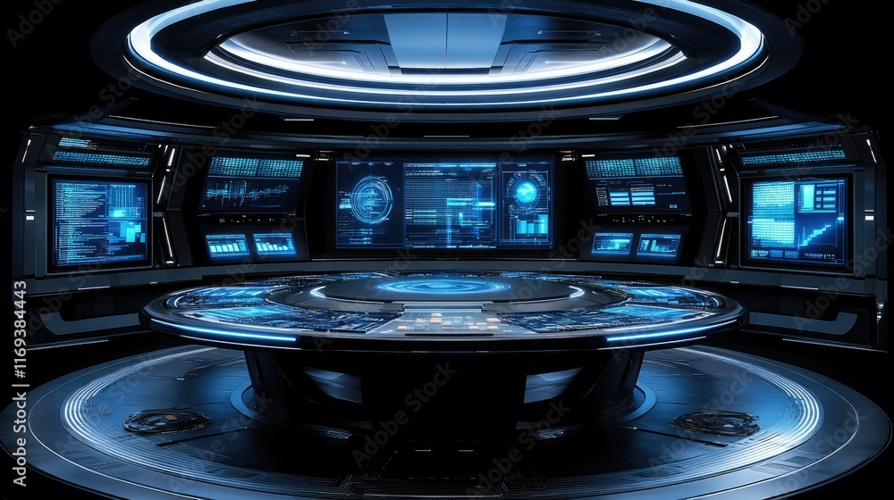 Fototapete futuristic command center with glowing blue screens and a central console. ideal for sci-fi movies o