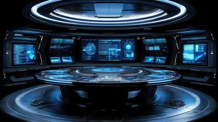 Futuristic command center with glowing blue screens and a central console. Ideal for sci-fi movies or video game environments.