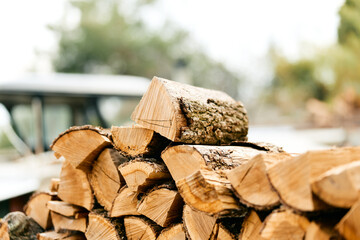 Stack of logs on truck outside house with car parked nearby