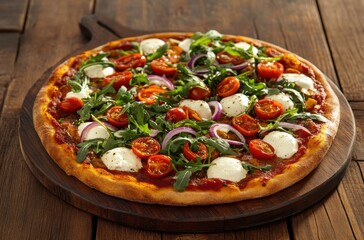 Freshly Baked Pizza with Mozzarella, Cherry Tomatoes, Red Onion, and Arugula on Rustic Wooden Table for Culinary and Dining Purposes