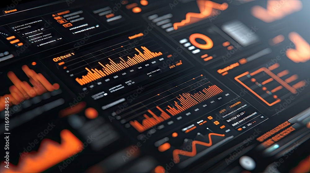 Poster a futuristic dashboard displays orange graphs and data analytics on a dark screen. ideal for visuali