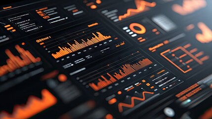 A futuristic dashboard displays orange graphs and data analytics on a dark screen. Ideal for visualizing financial markets, network performance, or business intelligence.