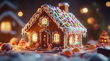 Delightful gingerbread house decorated with colorful candies during the holiday season