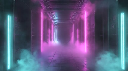 Obraz premium Futuristic corridor with neon lights and vibrant smoke effects.