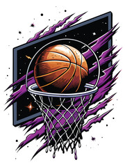 A basketball flying towards a hoop in neon purple and black.