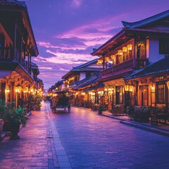 Naklejka premium Enchanting Twilight in Traditional Asian Village Street with Lanterns Illuminating Historic Architecture and Serene Atmosphere at Dusk for Peaceful Travel Inspiration