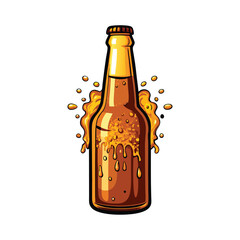 Cartoon illustration of a brown beer bottle with golden liquid inside, surrounded by splashes of beer.