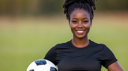 A young Black woman soccer player smiles confidently, holding a soccer ball against a blurred green field background.  Her joyful expression and athletic attire convey strength and passion.