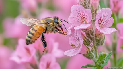 Honeybee in flight, collecting pollen from pink flower.