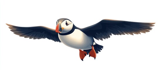 Fototapeta premium Puffin seabird with colorful beak and feathers soaring gracefully over rugged coastal cliffs in the Arctic Ocean Cute and vibrant marine bird in natural habitat
