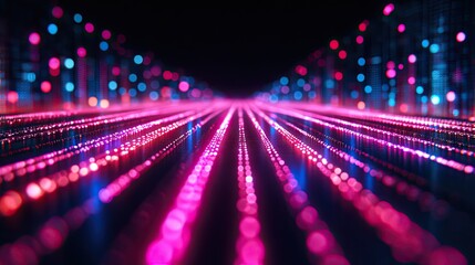 Abstract pink and blue glowing lines and particles converging into the vanishing point. Perfect for technology or music-related designs and presentations.