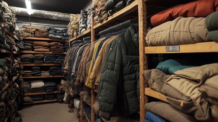 Organized storage room filled with various blankets and jackets.
