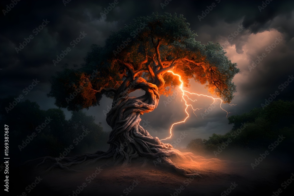 Poster lightning bolt streaking across the sky dramatically lighting an ancient towering oak tree with a tw