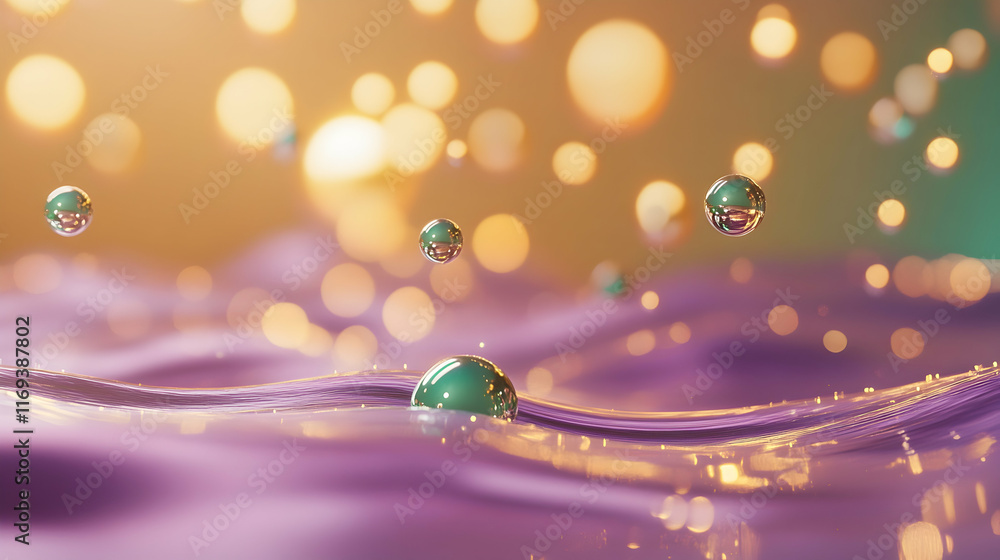Poster indoor abstract background with floating gold and green bokeh lights over a smooth purple gradient c